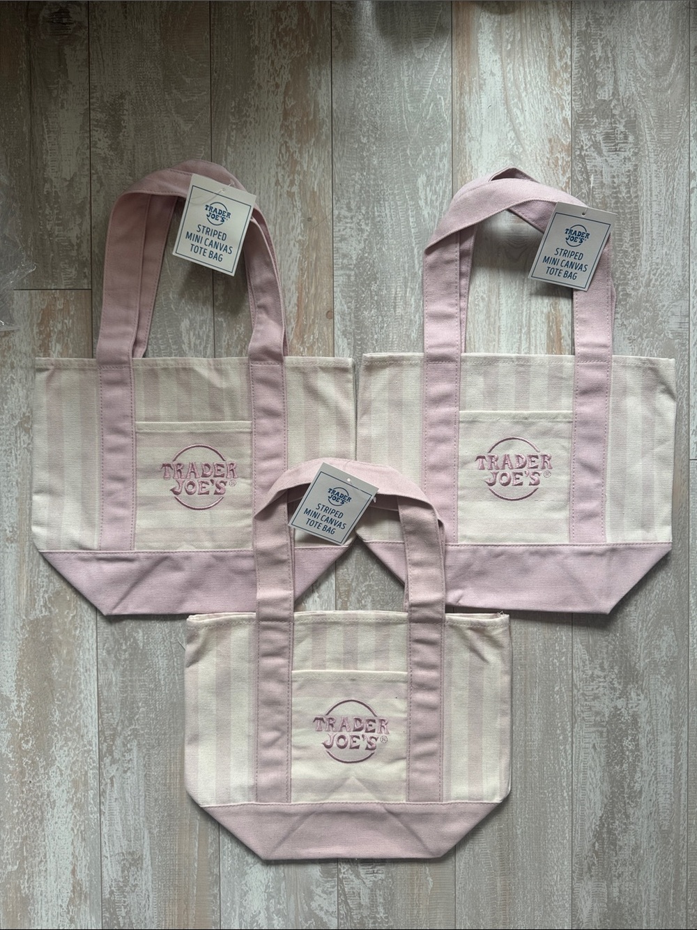 Trader Joe's Pink Striped Canvas Tote Bags - Set of 3